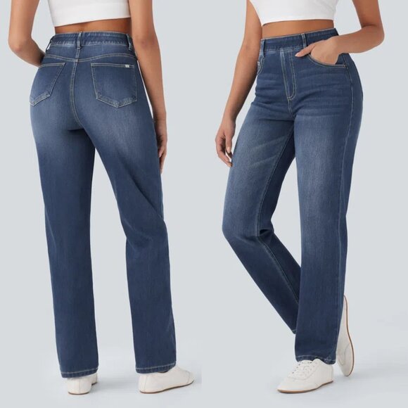 NEW Halara Flex High Waisted Pockets Straight Leg Dark Washed Casual Jeans XL 16 - Picture 1 of 16